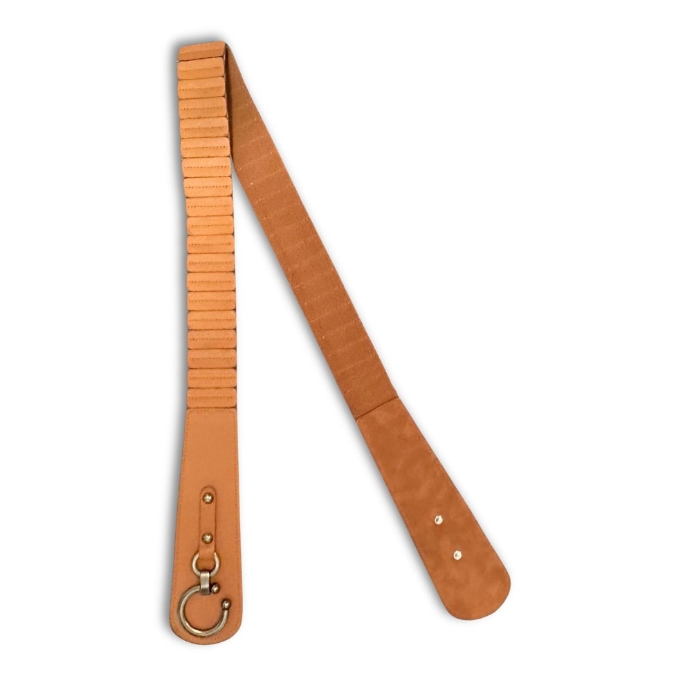 Tan Faux Leather Double Wrap Belt Stretch Panels Hook and Eye Small Medium